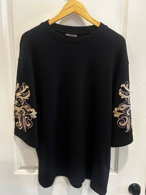 H&M Black Short-Sleeve Top with Gold Embroidered Sleeve Scrolls